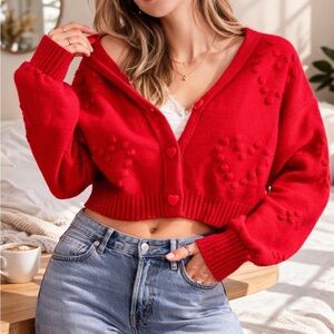 Moon & Madison Red Heart Knit Cropped Cardigan – Size M – Cotton Blend